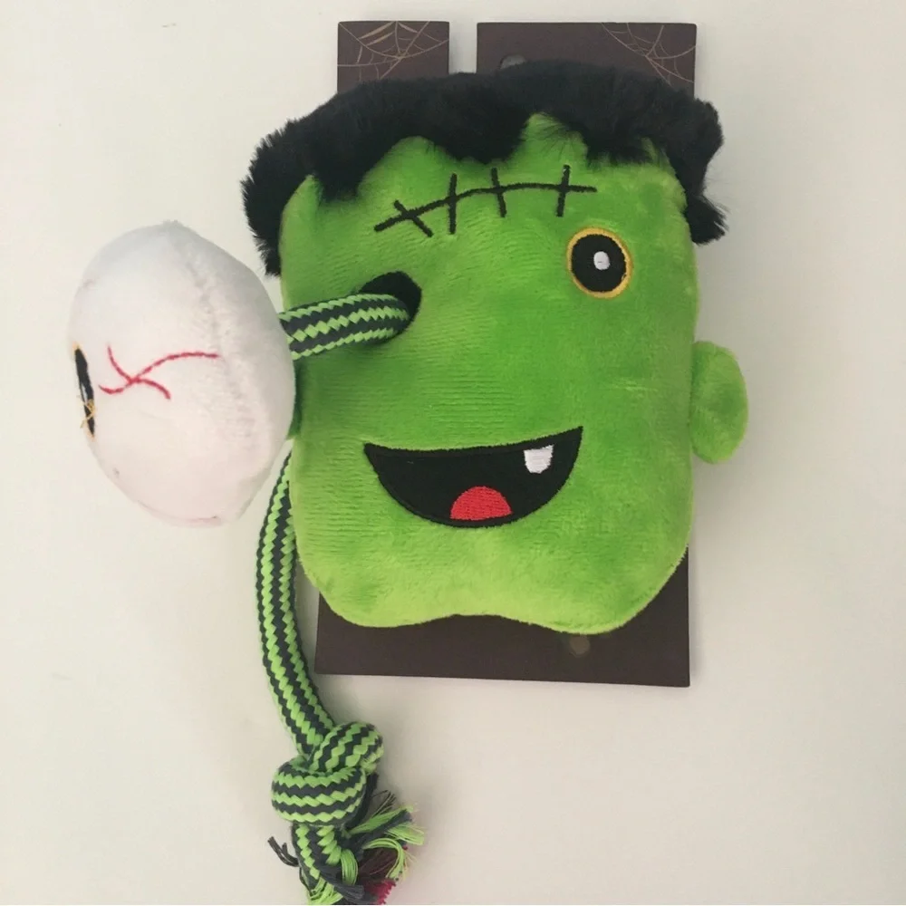 Dog Toy Green Frankenstein Plush with Rope and Eyeball Squeaker NEW